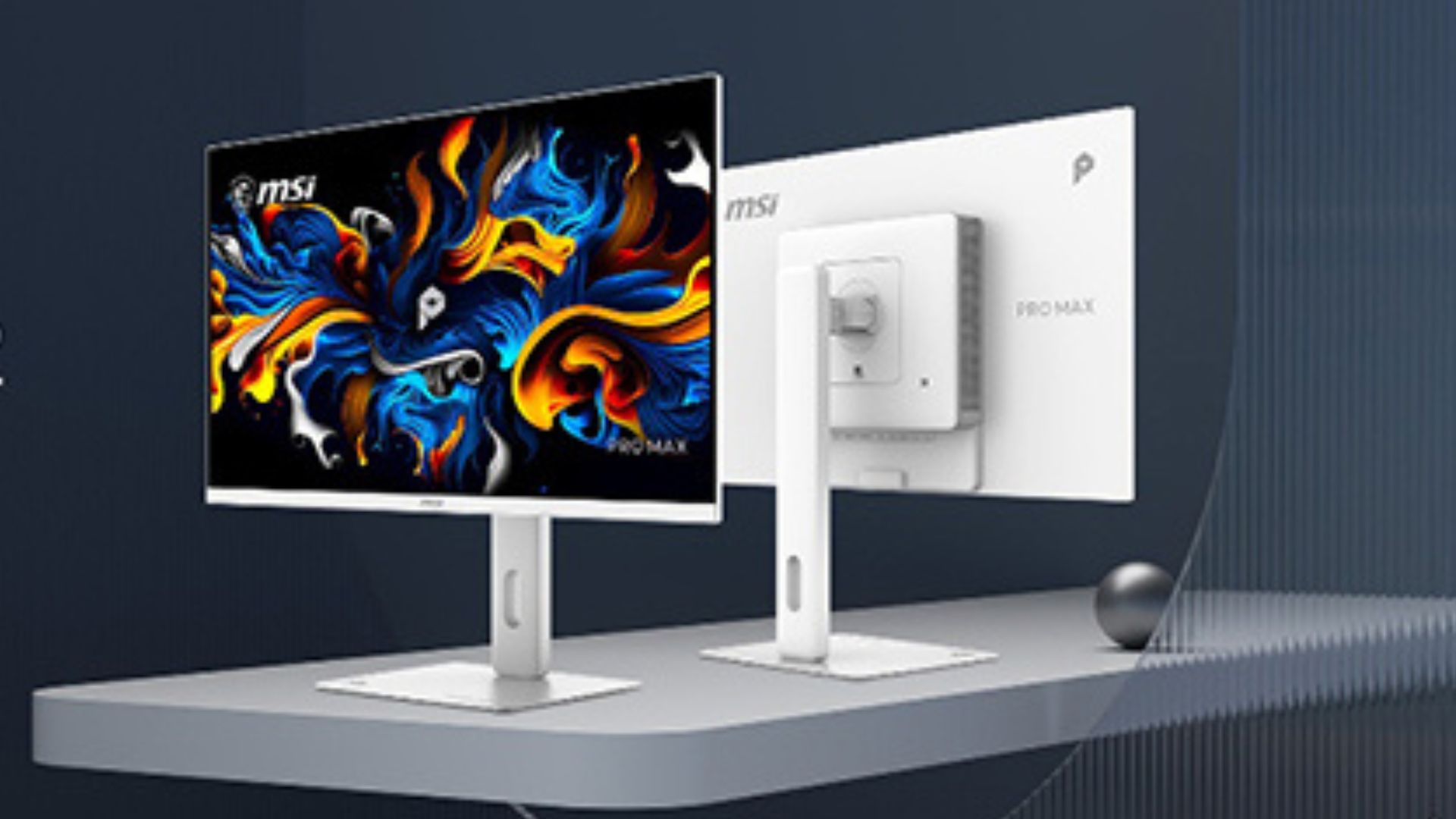 MSI's Pro Max OLED 271UJW12 gaming monitor on a grey background