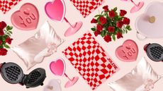 Pink and red Galentine's Day gifts on a pink background