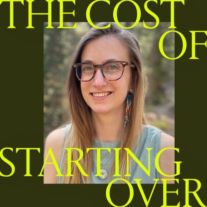 Portrait of Emily Loker with “The Cost of Starting Over” overlaid in yellow text.