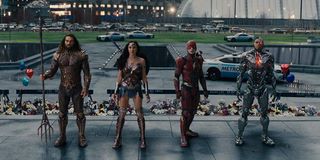 Jason Momoa, Gal Gadot, Ezra Miller and Ray Fisher in Justice League