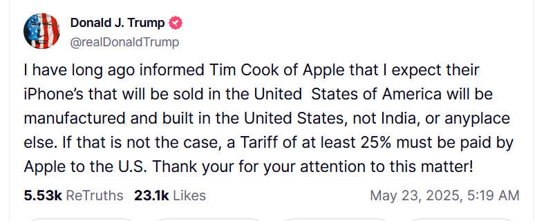 Trump telling Apple about new tariffs on Truth Social