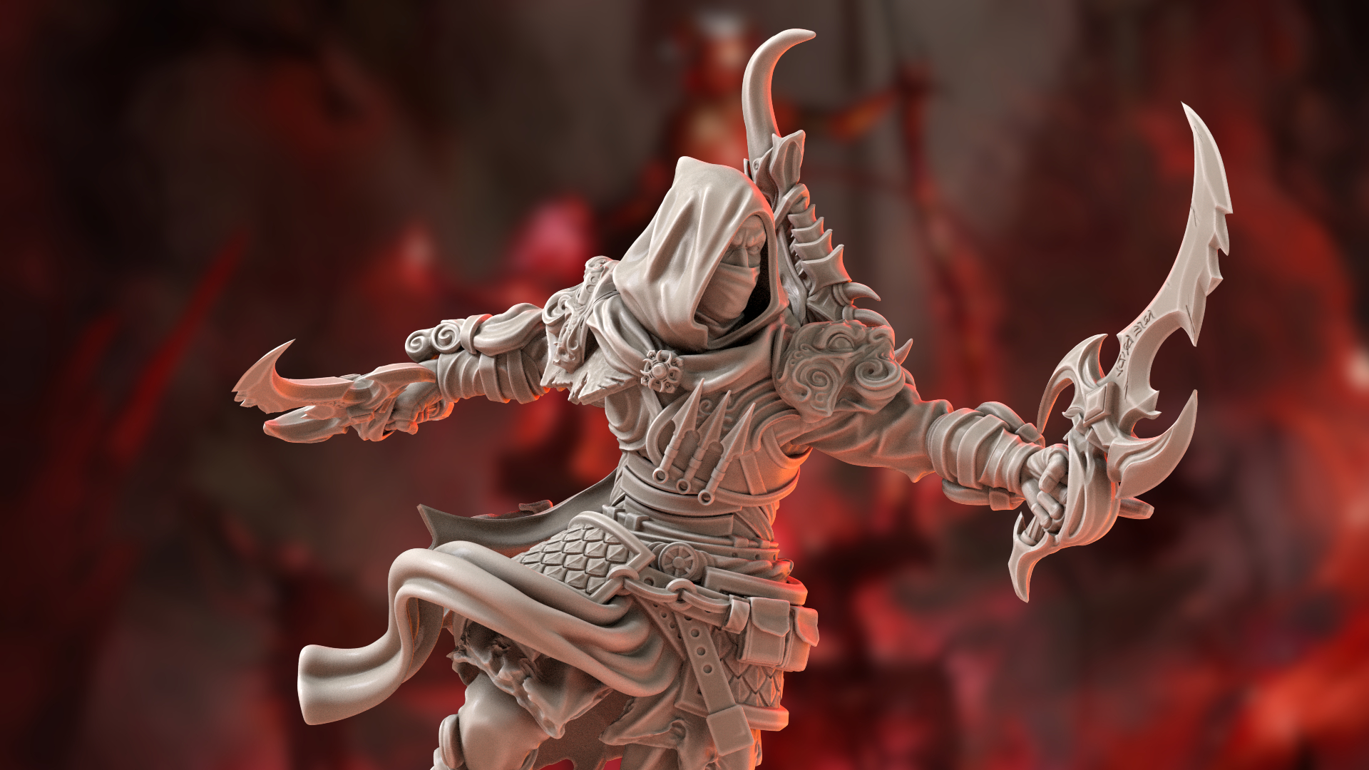 A Rogue miniature wielding twin blades against a red, hellish background