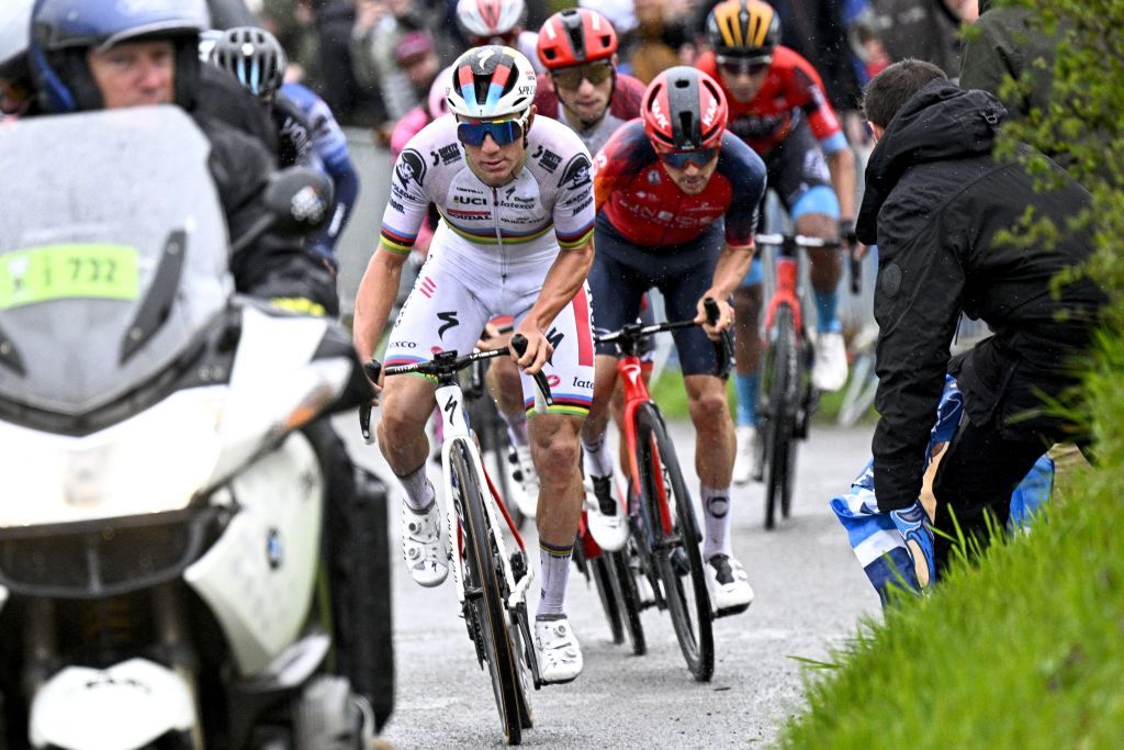 Belgian Remco Evenepoel of Soudal QuickStep and British Tom Pidcock of Ineos Grenadiers pictured in action during the men elite race of the LiegeBastogneLiege one day cycling event 2585km from Liege over Bastogne to Liege Sunday 23 April 2023 BELGA PHOTO JASPER JACOBS Photo by JASPER JACOBS BELGA MAG Belga via AFP Photo by JASPER JACOBSBELGA MAGAFP via Getty Images
