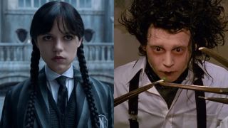 Jenna Ortega as Wednesday and Johnny Depp as Edward Scissorhands image side by side