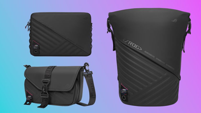 Three of Asus ROG&#039;s fourth generation Slash bags float in a blue-magenta gradient void. The backpack, sling bag, and sleeve all feature a black all-over colourway with an indent design on the bottom left corner of each bag that looks a bit like tire tracks.