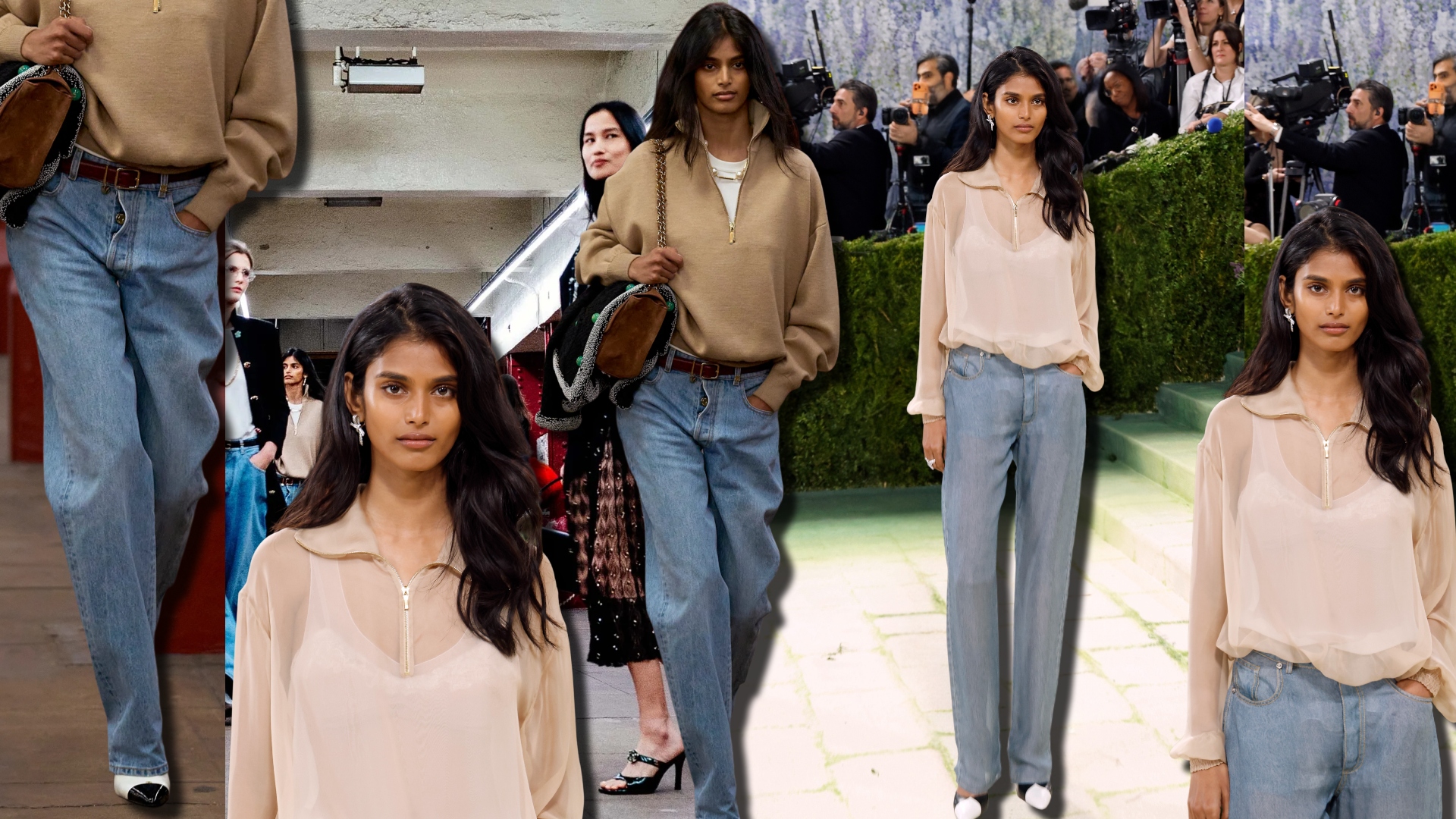 A collage compares Bhavitha Mandava&rsquo;s Chanel M&eacute;tiers d&rsquo;Art runway look&mdash;featuring relaxed trompe l&rsquo;oeil denim and a beige quarter-zip sweater&mdash;with her similarly styled 2026 Met Gala outfit.