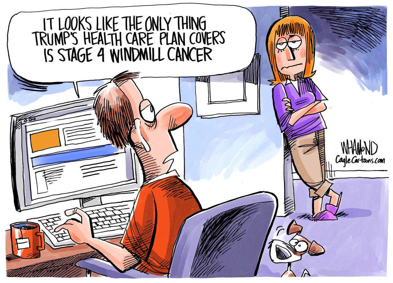 Political Cartoon U.S. Trump healthcare Obamacare repeal windmill noise cause cancer 2020