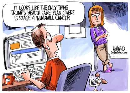 Political Cartoon U.S. Trump healthcare Obamacare repeal windmill noise cause cancer 2020