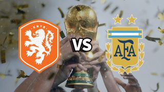 The Netherlands and Argentina international football team badges on top of a photo of the World Cup trophy being lifted