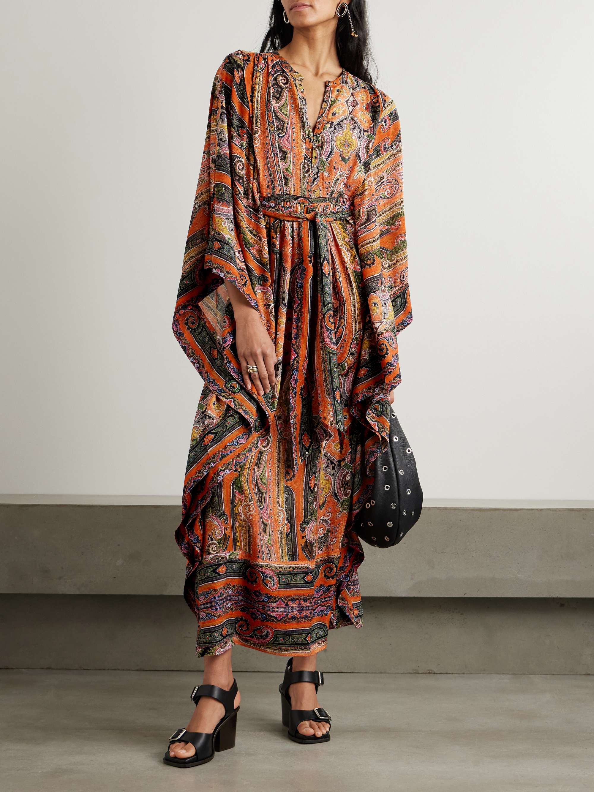 Melinda Belted Embellished Printed Silk-Voile Maxi Dress
