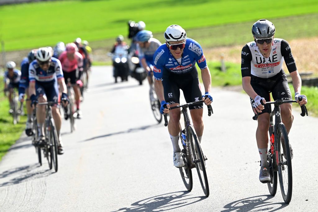 HARELBEKE, BELGIUM - MARCH 24 : Kragh Andersen Soren (DEN) of Alpecin-Deceuninck and Pogacar Tadej (SVN) of UAE Team Emirates during the 66th Saxo Bank classic E3 Harelbeke UCI World Tour cycling race with start and finish in Harelbeke on March 24, 2023 in Harelbeke, Belgium, 24/03/2023 ( Motordriver Kenny Verfaillie &amp; Photo by Nico Vereecken / Photo News