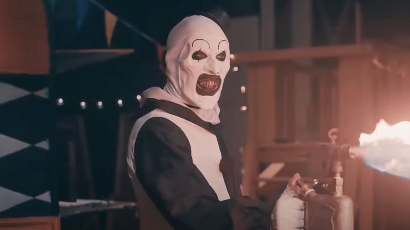 Art the Clown using a flamethrower inside Clown Cafe in Terrifier 2