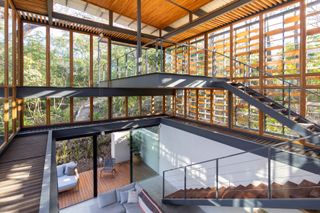 Wooden staircase across two floors