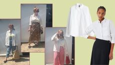 a montage of matilda and a model wearing white sirts 