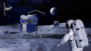 An illustration of a moon rover near an astronaut wearing a white space suit on the moon