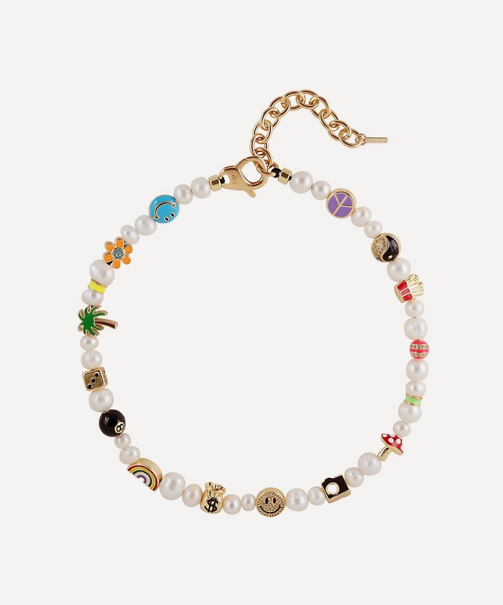 14ct Gold-Plated Famous Enamel Charms and Pearl Necklace