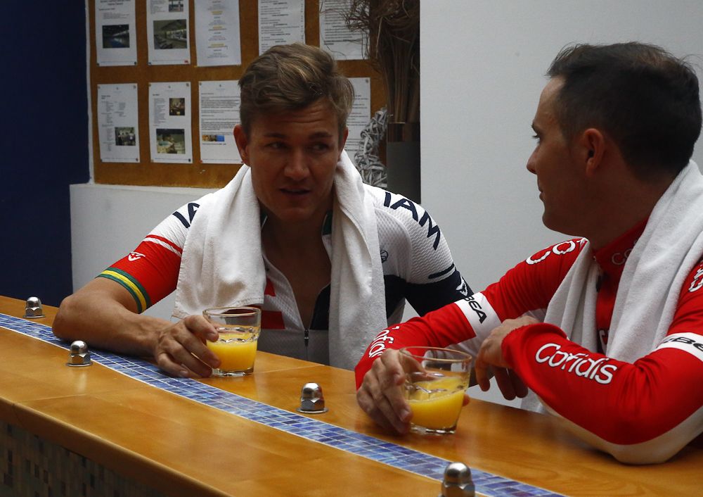 Heinrich Haussler hydrates at the Bahrain Merida camp