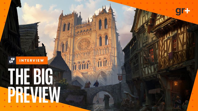 A medieval town with a cathedral and thatched houses in Total War: Medieval 3 concept art