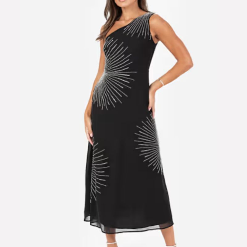 black embellished one shoulder cocktail length dress