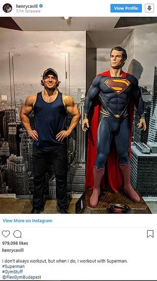 Henry Cavill Instagram photo with Superman statue