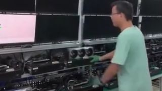 A still from a video purportedly showing an RTX 5090 on a test bench in a Zotac factory in Indonesia