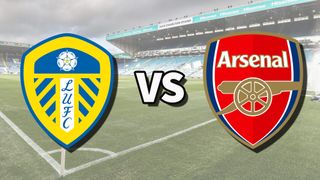 The Leeds United and Arsenal club badges on top of a photo of Elland Road stadium in Leeds, England