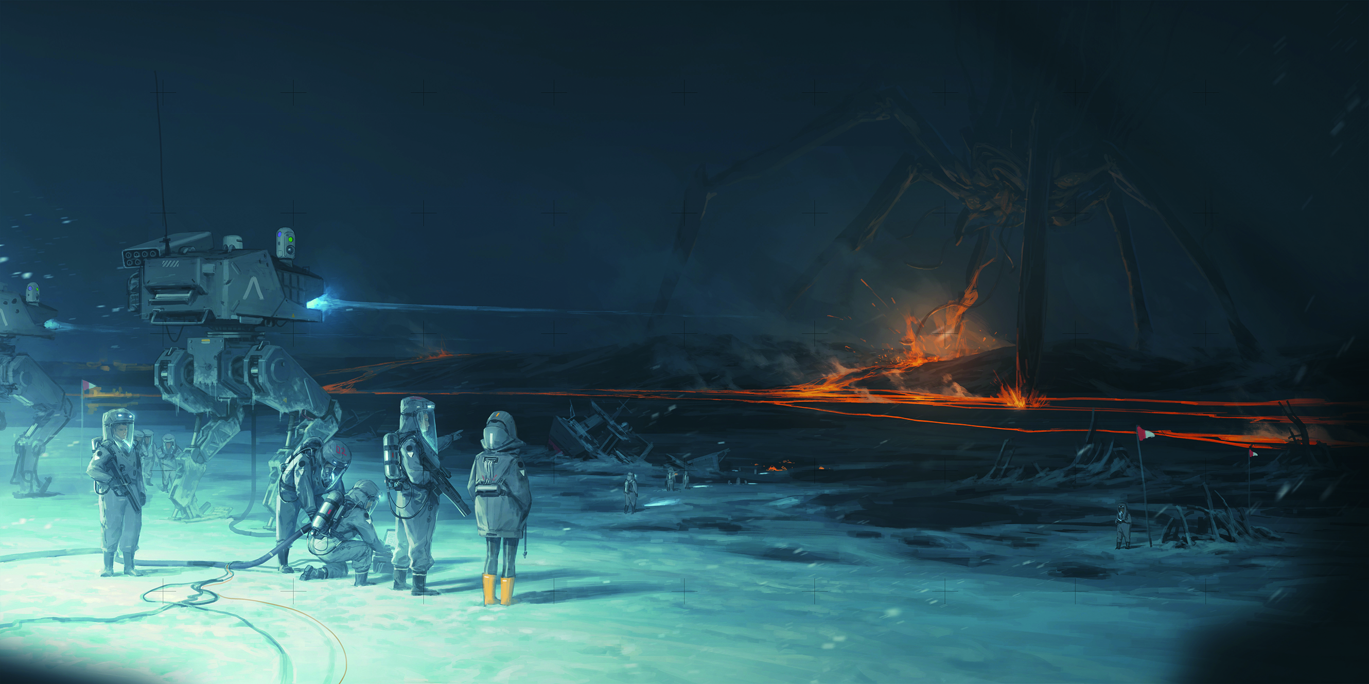 Digital concept art showing a sci-fi scene with human figures and mechs fighting a large spider-like creature