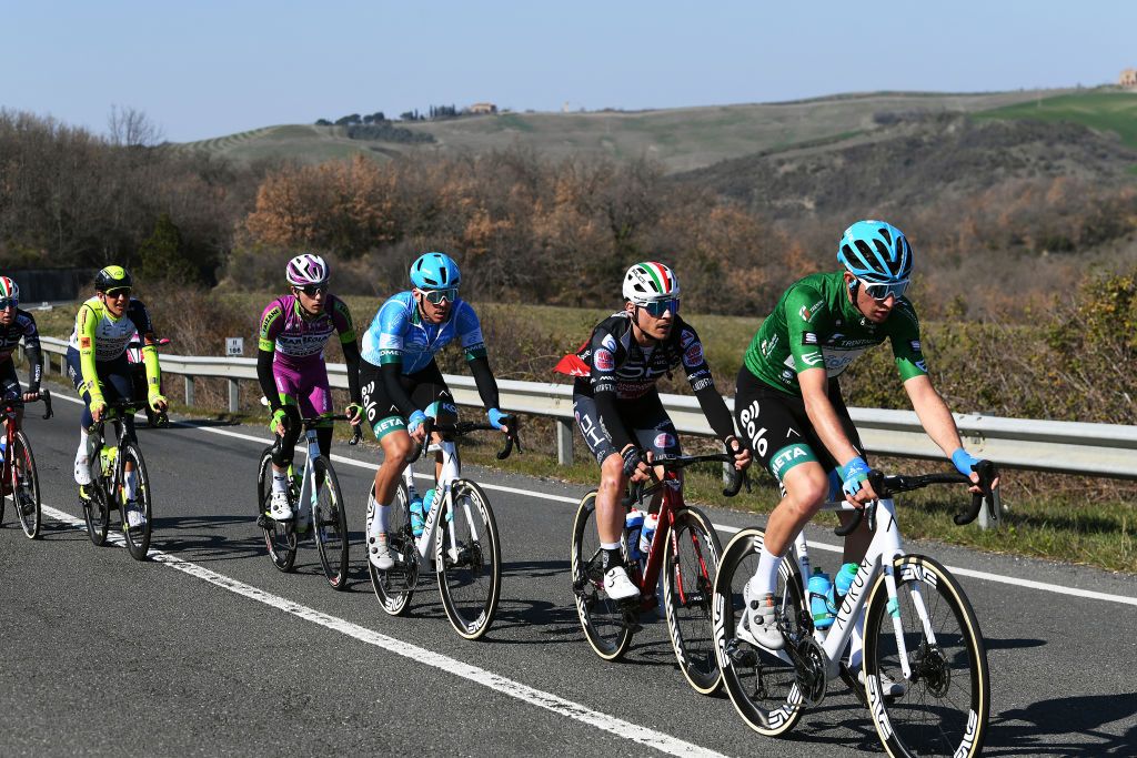 TERNI ITALY MARCH 09 Davide Bais of Italy and EoloKometa Cycling Team Green Mountain Jersey Luca Rastelli of Italy and Team Bardiani CSF Faizane Mattia Bais of Italy and Team Drone Hopper Androni Giocattoli Sidermec Mirco Maestri of Italy and EoloKometa Cycling Team Taco Van Der Hoorn of Netherlands and Team Intermarch Wanty Gobert Matriaux and Edoardo Zardini of Italy and Team Drone Hopper Androni Giocattoli Sidermec compete in the breakaway during the 57th TirrenoAdriatico 2022 Stage 3 a 170km stage from Murlo to Terni TirrenoAdriatico WorldTour on March 09 2022 in Terni Italy Photo by Tim de WaeleGetty Images