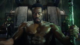 Yahya Abdul-Mateen II as Black Manta holding Black Trident in Aquaman and the Lost Kingdom