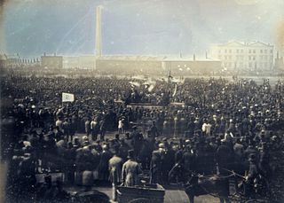 This shot shows a massive "Chartist" meeting that took place in London on April 10, 1848.