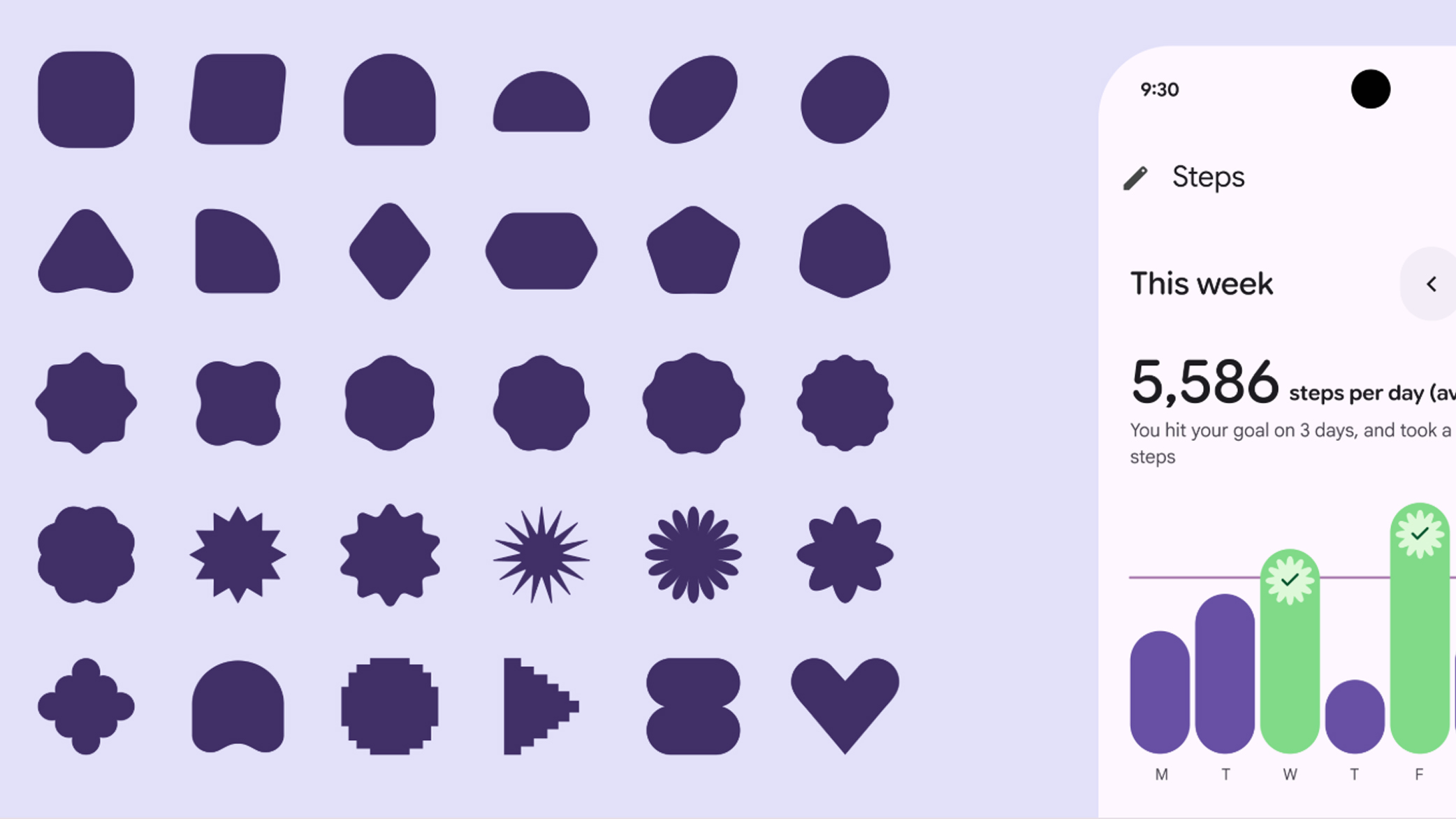 Google's screenshot examples for Material 3 Expressive designs, showing new colors, fonts, shapes, and motion effects