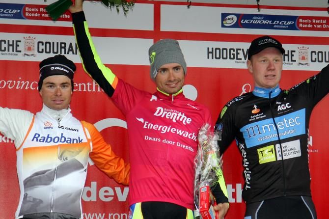 The Dwars door Drenthe podium: Bertjan Lindeman, Simone Ponzi and Tijmen Eising