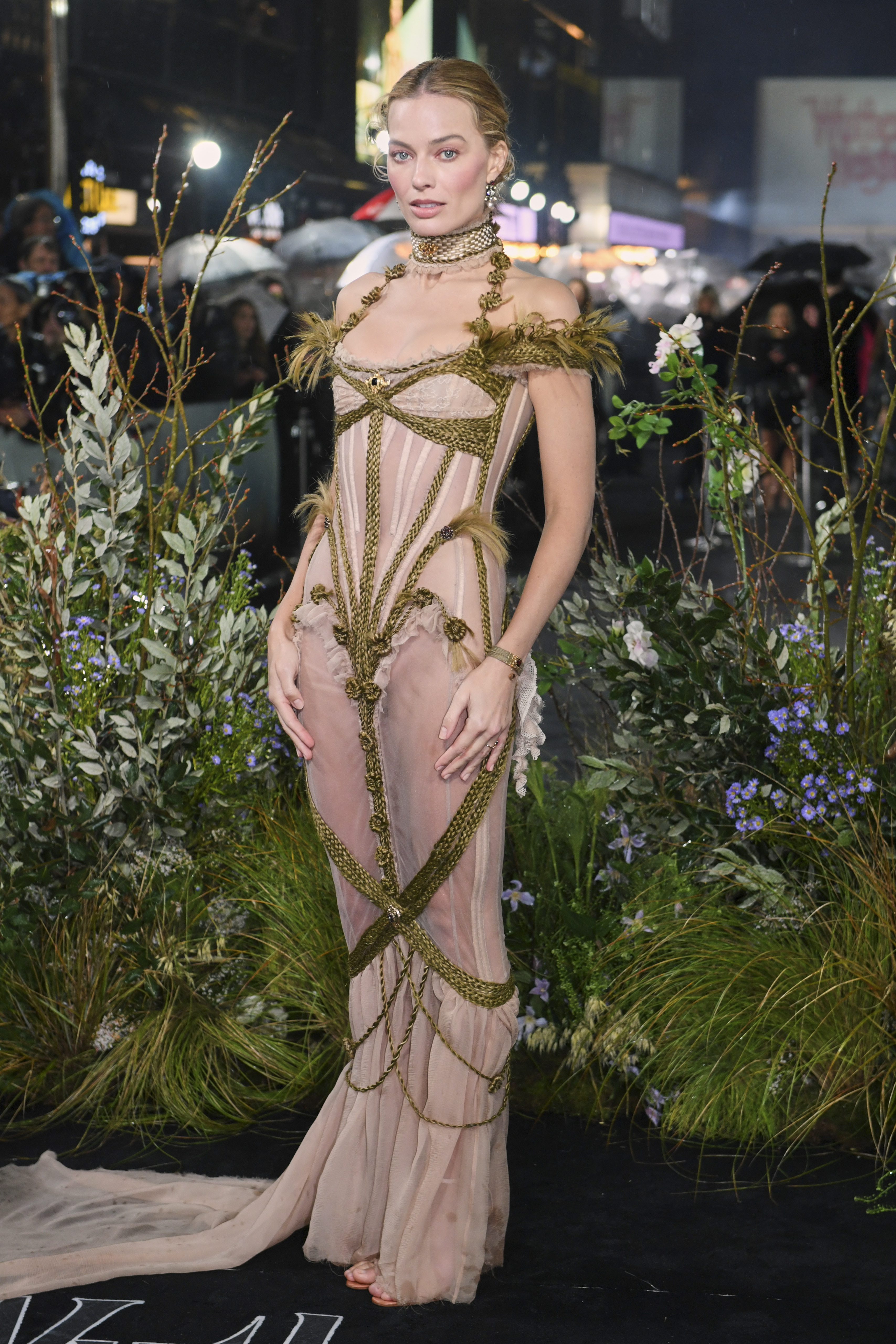 Margot Robbie wore a braided naked corset dress at the London premiere of Wuthering Heights