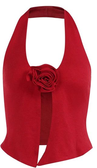 Fomoyuu Women 3d Flower Halter Tops Front Slit Hem Backless Shirt Sleeveless Knitted Crop Camisole Streetwear (red, S)