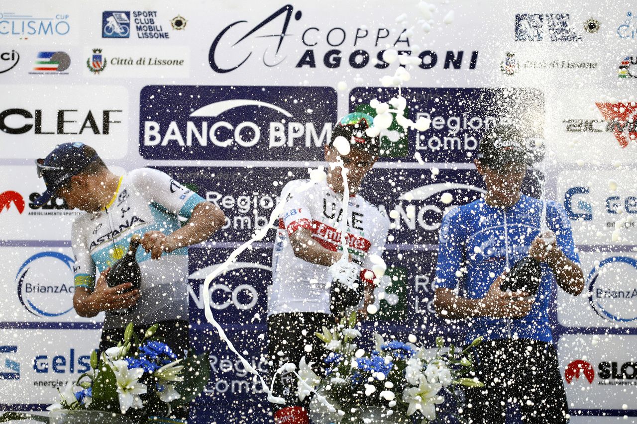 Alexey Lutsenko, Aleksandr Riabushenko and Nikolai Cherkasov on the podium