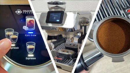 Split image of three De'Longhi coffee makers