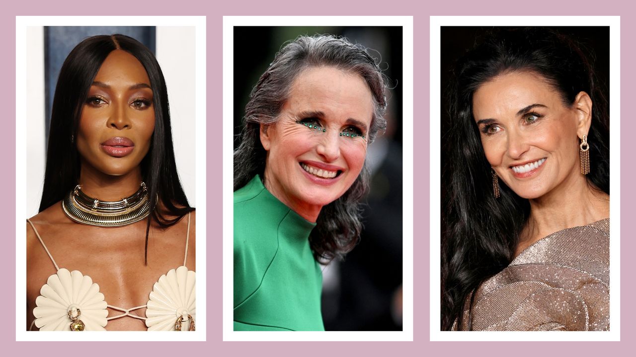 Naomi Campbell, Andy MacDowell and Demi Moore pictured with black hair looks / in a pink/purple template