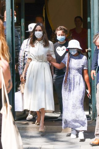 Angelina Jolie,Pax Thien Jolie,Zahara-Marley Jolie and Knox-Leon Jolie are seen leaving the "Guerlain" store on the champs Elysees on July 22, 2021 in Paris, France.