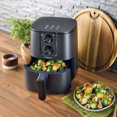 Aldi Mini Air Fryer cooking bacon and Brussel sprouts