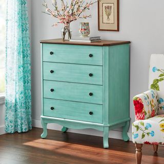 Four drawer teal dresser, with brown wooden countertop