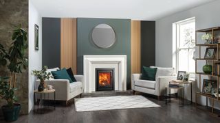 wood burning stove in white fireplace in modern living room