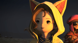 Krile, a lalafell pictomancer from Final Fantasy 14: Dawntrail, smiles happily while lit by a campfire.