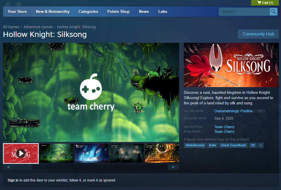 Hollow Knight: Silksong store page on Steam