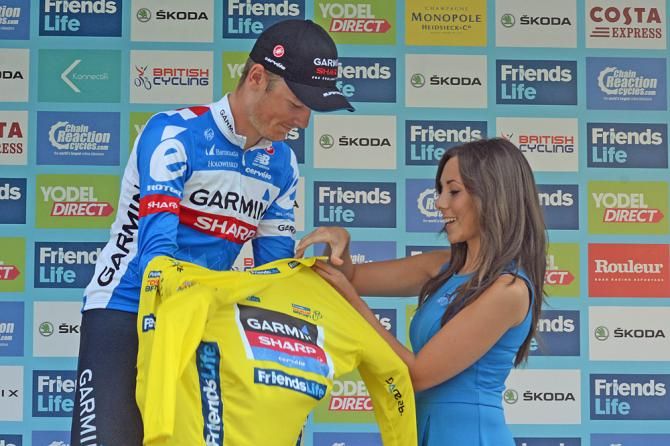 Dylan Van Baarle (Garmin Sharp) pulls on the leader's jersey at Tour of Britain