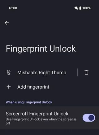 A screenshot from Android 16 developer preview 2, showing a new Screen-off Fingerprint Unlock option toggled on