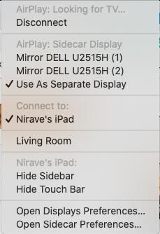 AirPlay Mirroring menu with sidecar connected