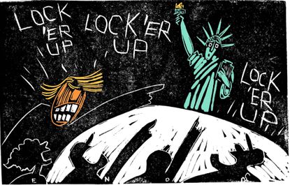 U.S. Trump rally lock her up Statue of Liberty