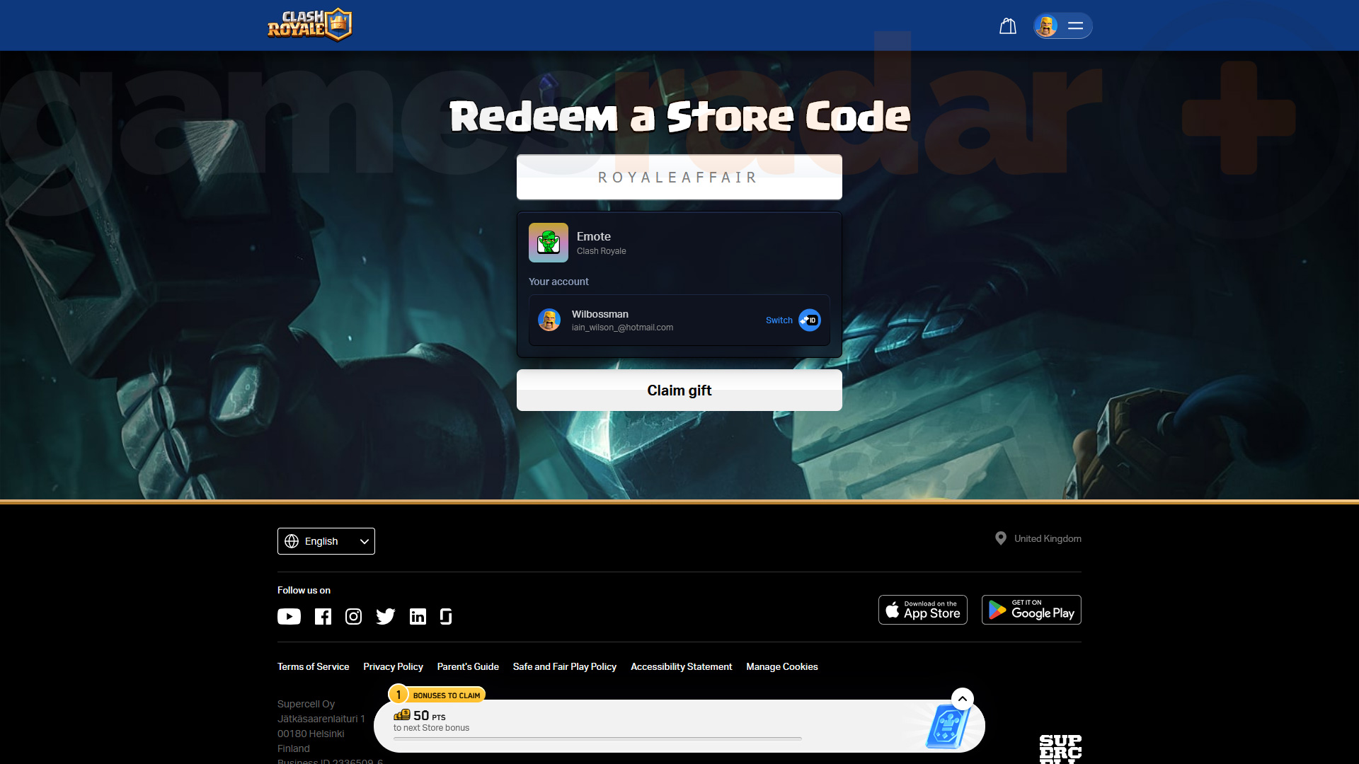 Redeeming Clash Royale codes via the website