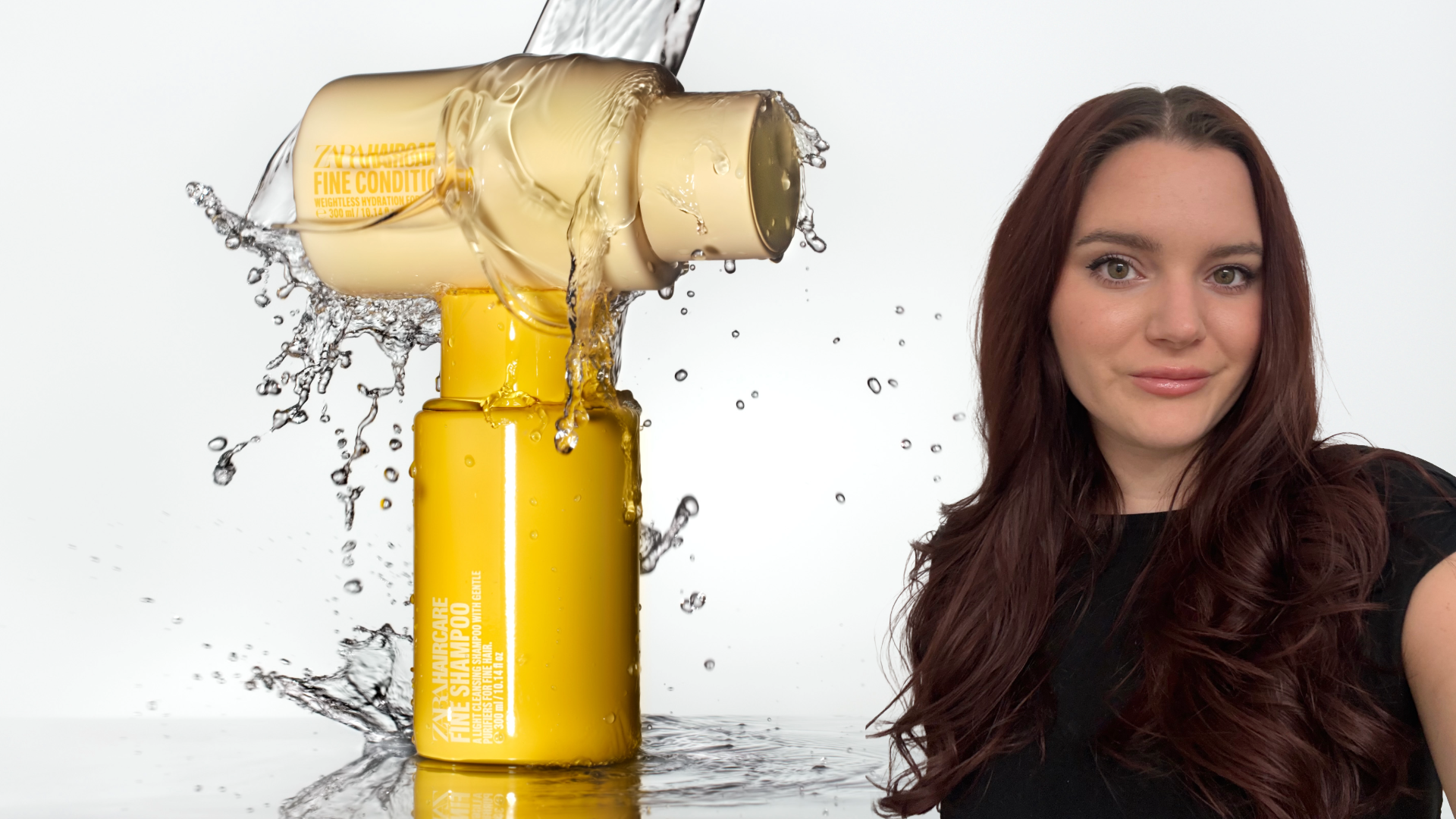 Water pouring over zara fine hair shampoo and conditioner overlaid with portrait of brooke knappenberger 