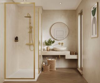 bathroom fitted with cream multipane walls, gold framed shower enclosure and shower, wall mounted vanity shelf and countertop sink, wood effect floor